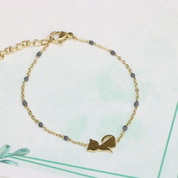 Cute Cat Design Yellow Gold Bracelet with Blue Bead Detailing, XPBL0614 - Picture 3 of 12